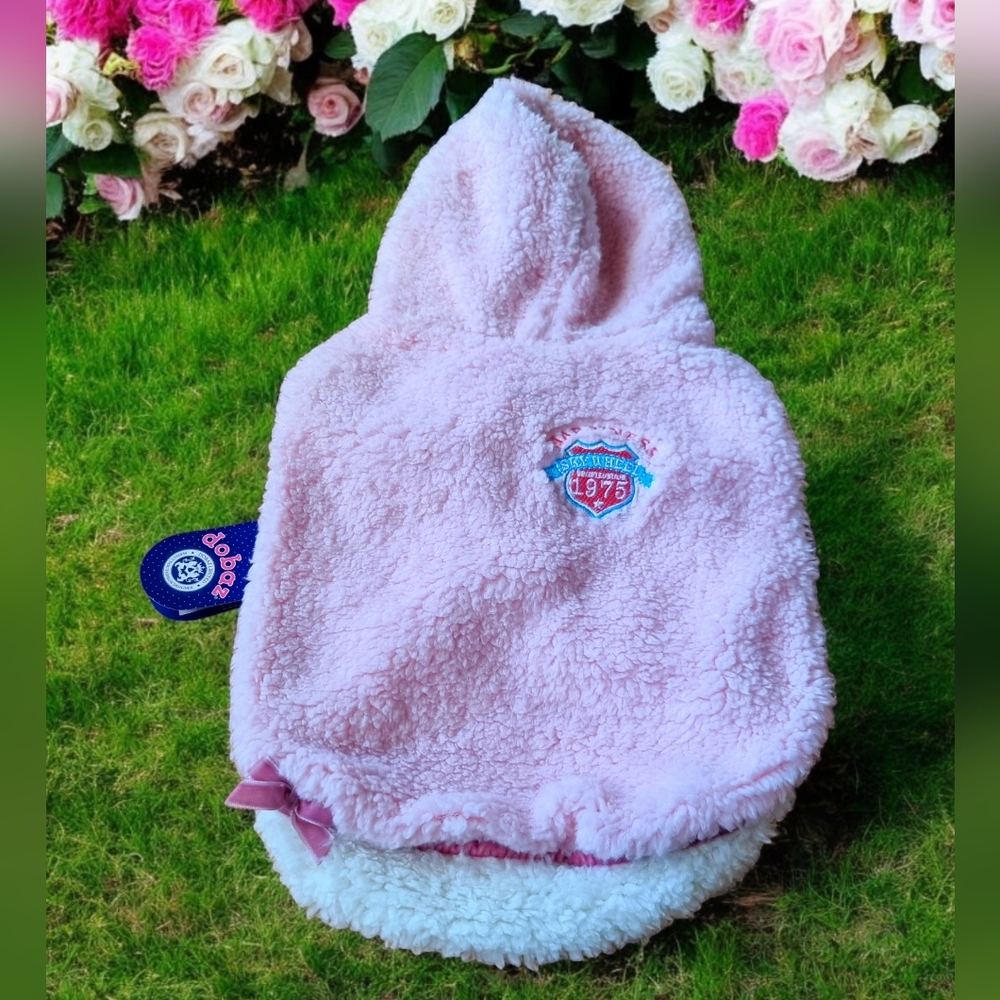 🆕️ Dobaz Sherpa Pink Polka Dot Dog Hoodie Sweater Size M